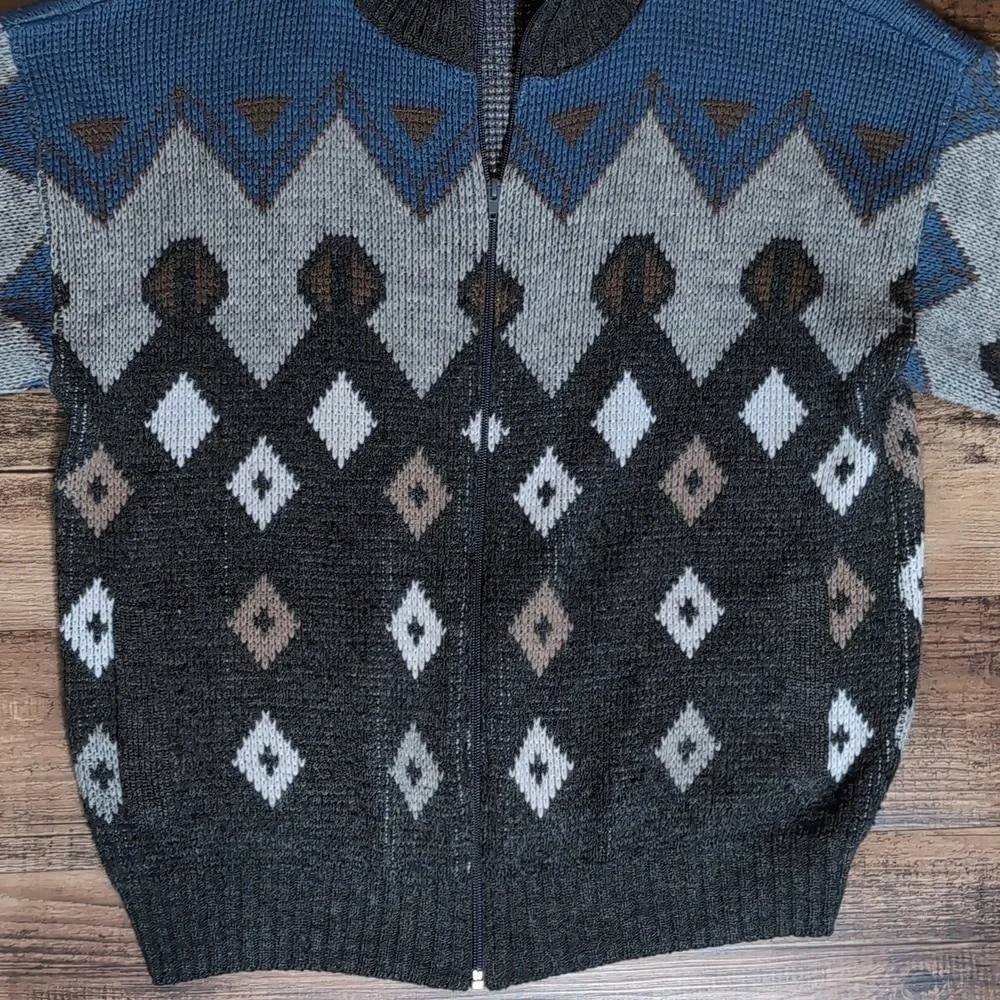 Lazarus Vintage 80's Wool Blend Geometric Full Zip Old Man Sweater Size Large